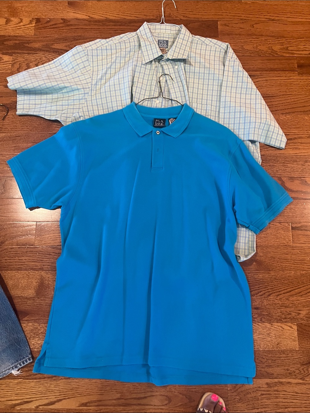 Jos. A. Bank Teal Blue Short-Sleeve Polo and Blue Green Button Down Shirt.